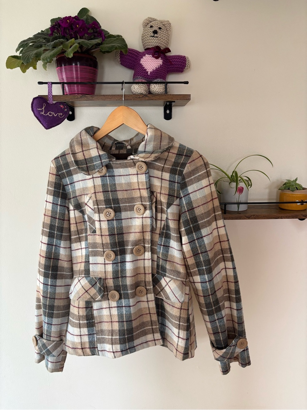 Plaid Wool Blend Hooded Jacket Tan Blue Cream Size Medium